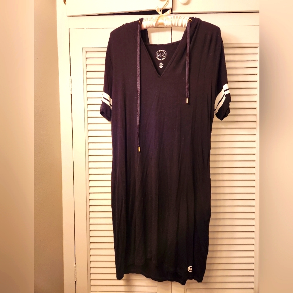 Michael Kors t-shirt dress with hood.  Size large, black with white stripes.